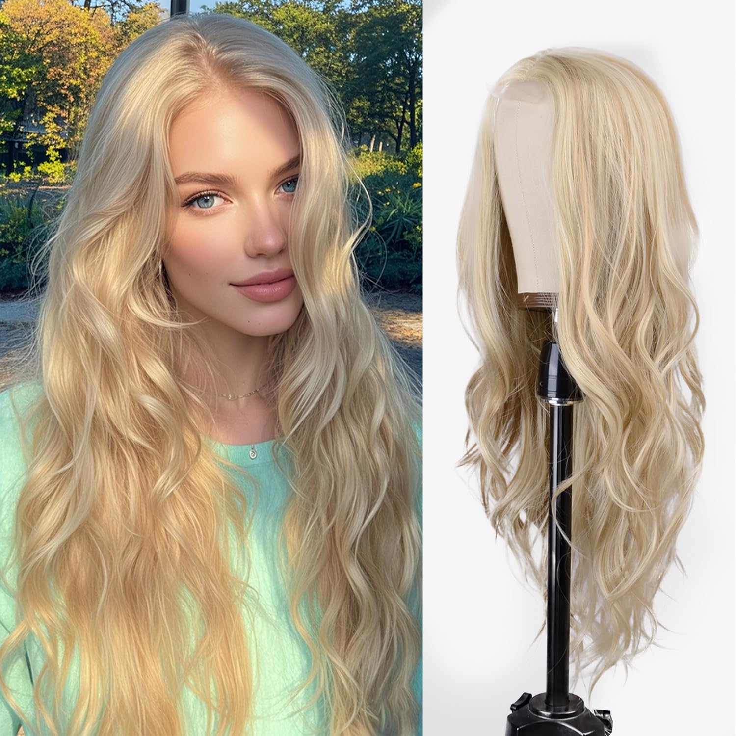 Photo 1 of T-color Long Blonde Wavy Wig for White Women Middle Part Curly Wavy Wig 26 Inch Natural Look Heat Resistant Synthetic Wig for Cosplay, Daily, Party