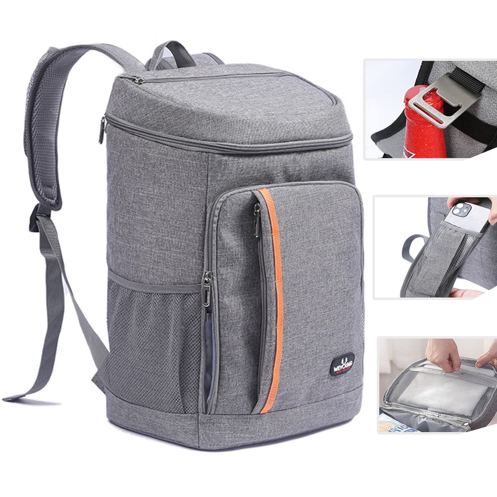 QINGLOU 28L Cool Bag Picnic Backpack, 30 Cans Large Capacity Insulated Backpack Cooler Lightweight Leak Proof Soft Cooler Bag for Men Women to Work, Picnics, Hiking, Camping, Beach (Grey)