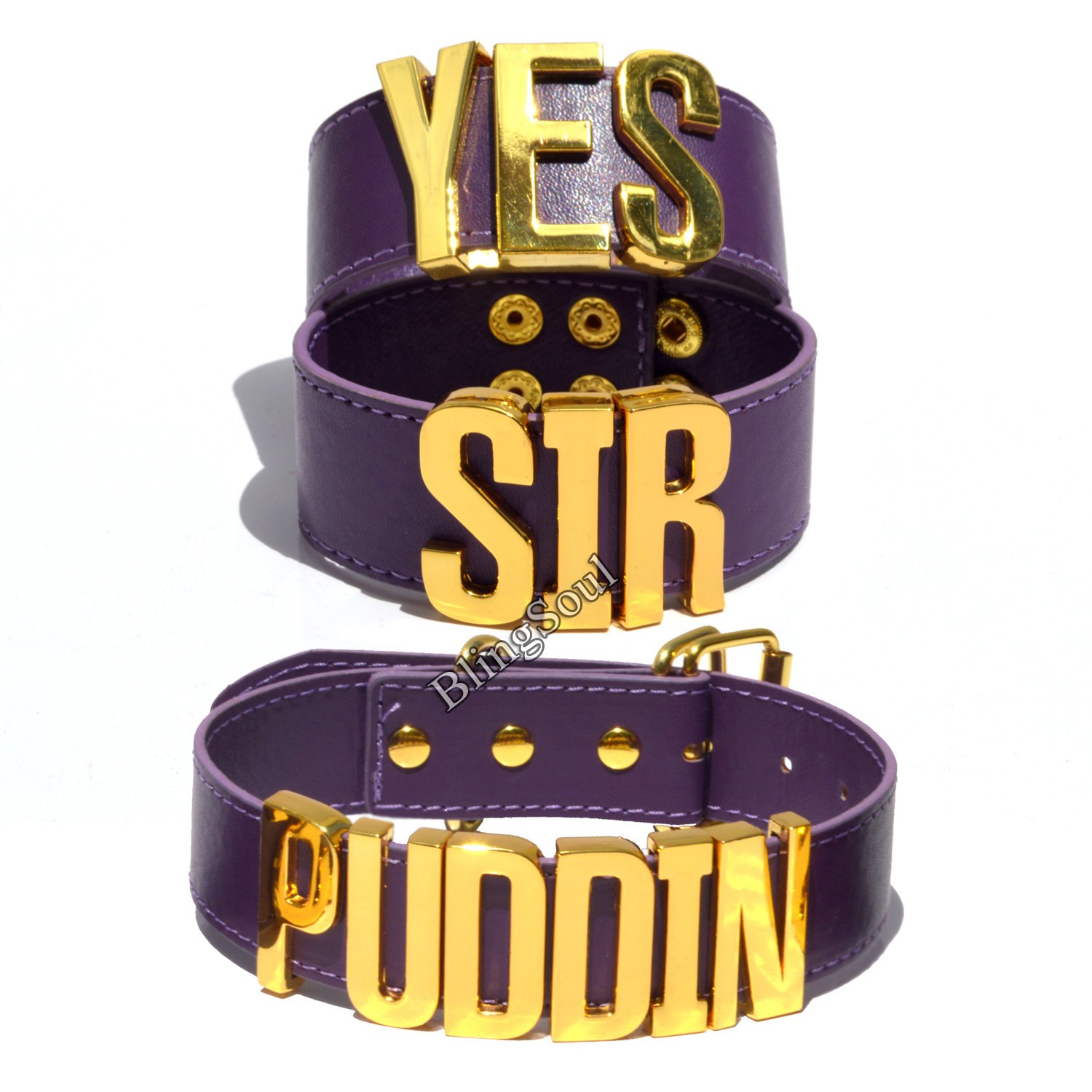 Set of Gold PUDDIN Choker Necklace and Purple YES SIR Cuff Bracelets