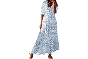 MaMiDay Maxi Dress for Women Half Sleeve Casual V Neck Drawstring Ruffle Collar Dresses 2024 Lightweight Floral Boho Sundress