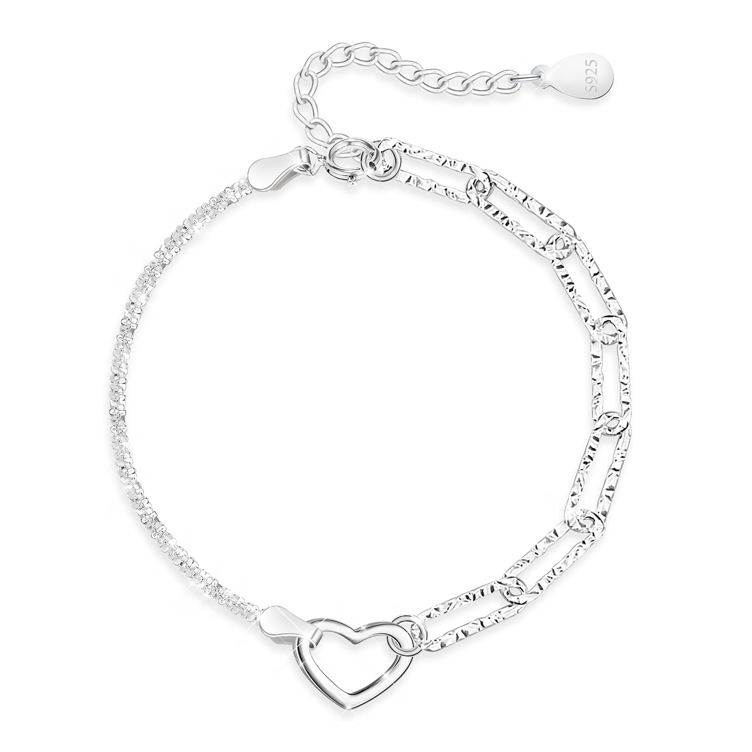 KristLand Heart Bracelet Sterling Silver 925 Silver Bracelet Chain Adjustable Silver Bracelet Paperclip Bracelet Anniversary Wedding Bride Party Gifts for Women Ladies Girls