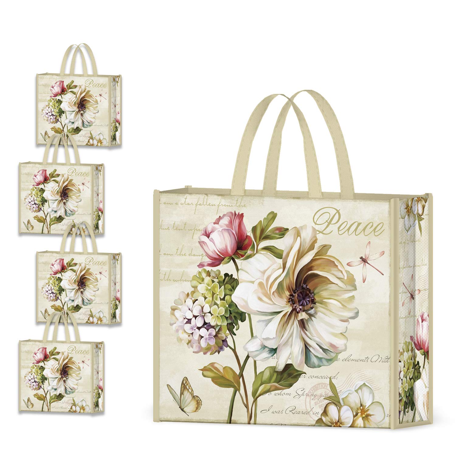 NymphFable 4 Pack Tote Bag Reusable Peony Flowers Shopping Bags Washable Foldable Large Grocery Bags