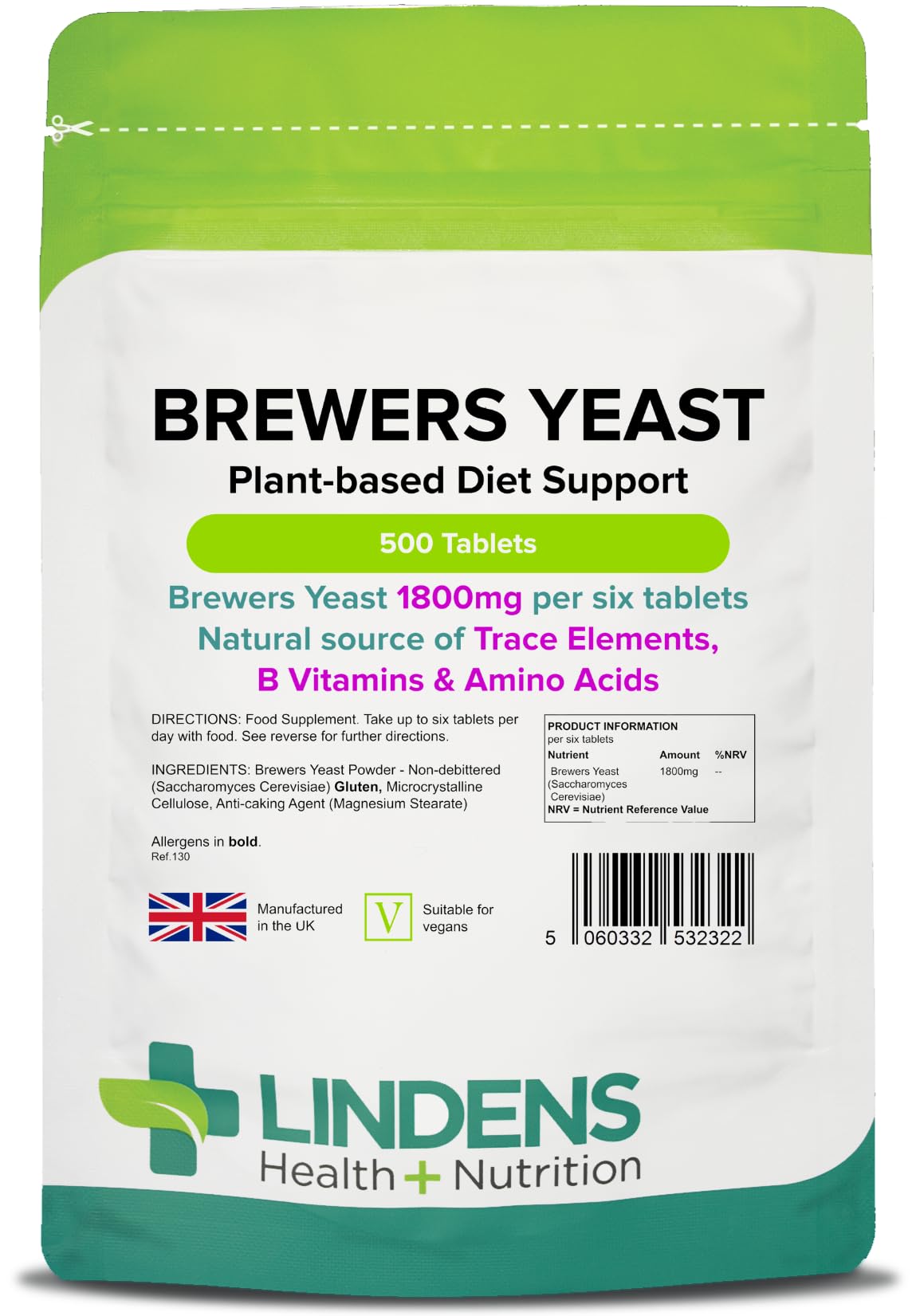 Lindens - Brewers Yeast - 1800mg Daily Intake - 500 Vegan Tablets - UK Made - Natural Vitamins & Micronutrients and Non-Debittered for Maximum Nutrition | B Vitamins, Amino Acids, Minerals