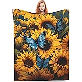 amepay Sunflower Blue Butterfly Blanket Gifts for Grils Women Floral Flannel Throw Blankets for Home Couch Bed Sofa Soft Fuzzy Lightweight Decor All Season 80x60 Inches