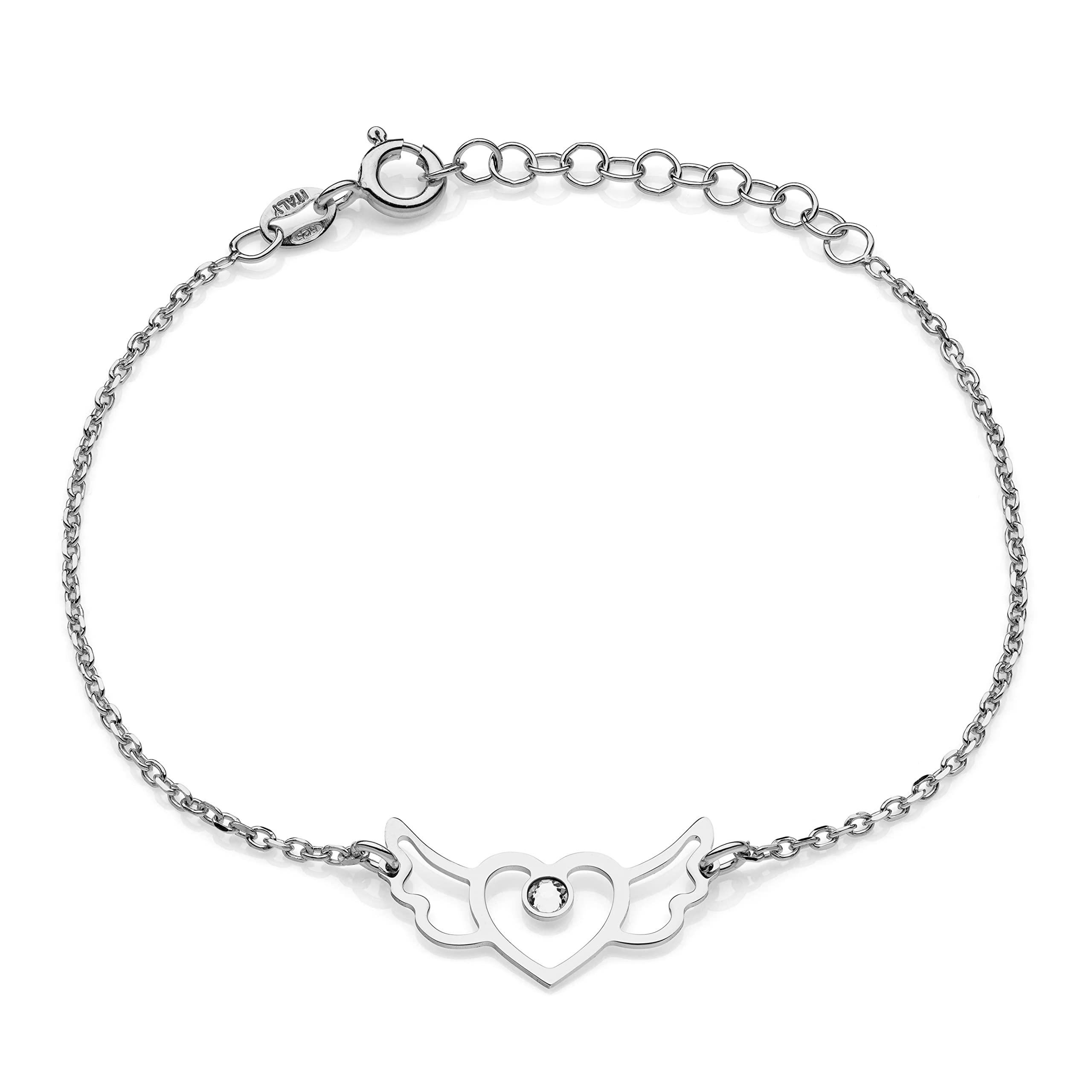 Aka Gioielli ® - Bracelet with Winged Heart in Rhodium-Plated Silver 925, Heart Pendant with Wings and Zircon for Women and Girls
