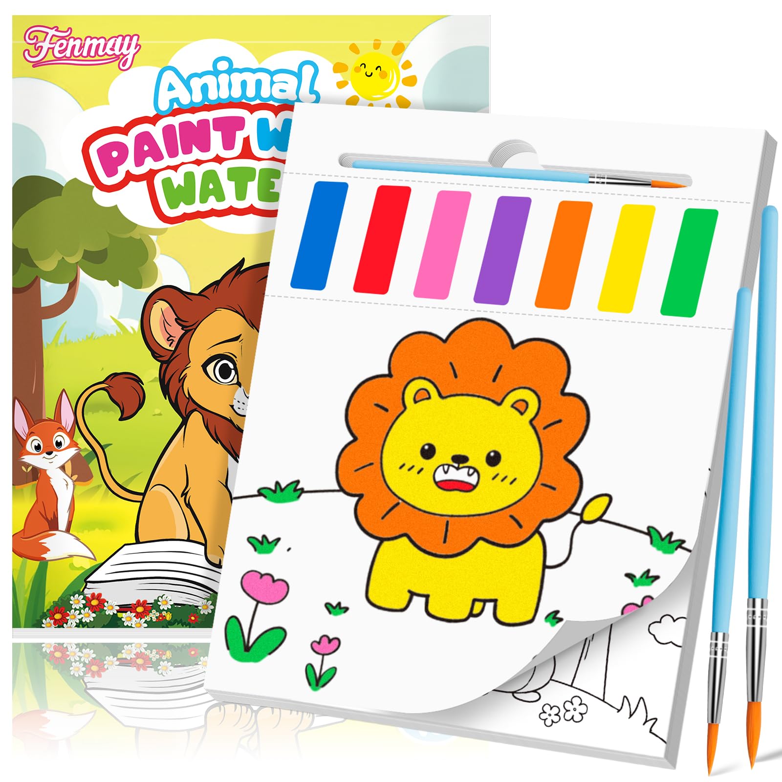Fenmay Paint with Water Books for Kids - Mess Free Watercolor Paint Sets with 2 Premium Brushes for Kids Ages 3-5 4-8, Arts and Crafts Drawing Activities, Toddler Birthday Gift（Animal）
