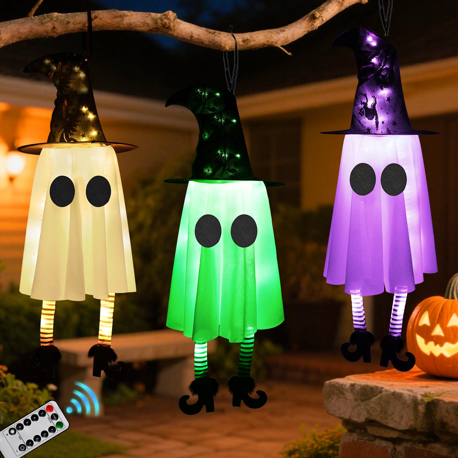 Photo 1 of Yinhua 3 Pcs Hanging Ghosts Halloween Decorations Outdoor Indoor Cute Halloween Ghost Decor with Witch Hat Lights 8 Modes Remote Control Glowing Ghost for Porch Tree Yard Garden White Purple Green