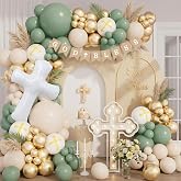 Baptism Theme Party Decorations Balloons Kit Green Sand White and Gold balloons With Cross Balloon For First Holy Communion God Bless Christening Party Birthday Party Supplies
