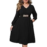 ShopWonder Womens Plus Size V-Neck Lantern Long Sleeve Casual Loose Winter Pullover Sweater Midi Dresses with Belt