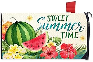FBCOO Sweet Summer Time Watermelon Mailbox Cover Magnetic Standard Size 21" x 19", Tropical Hibiscus Flower Decorative Post Letter Box Wrap Decor Palm Leaves Hawaii Garden Yard Outdoor Decoration