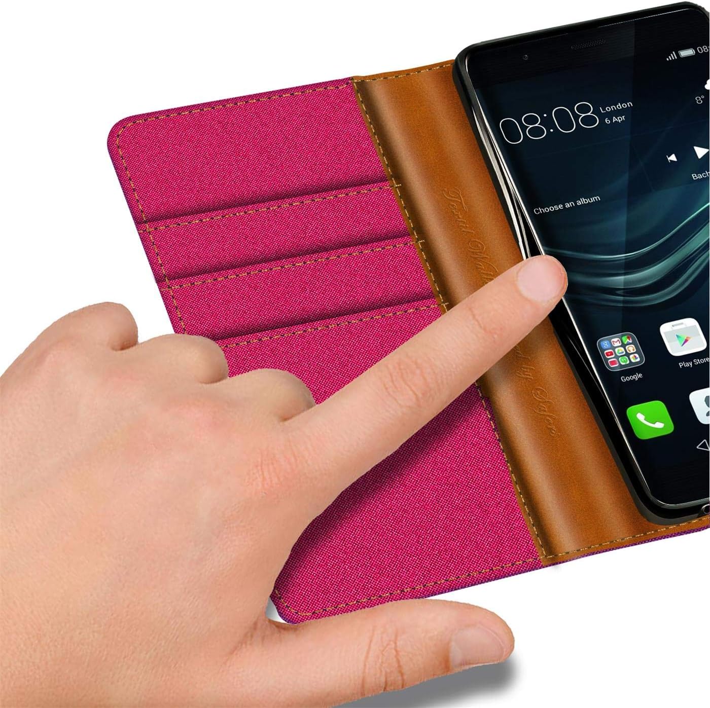 Verco Phone Wallet Case compatible with the Huawei P9 Lite, Canvas Faux Leather Book Cover for the P9 Lite Flip Case Bag Hinged - Pink - Image 4