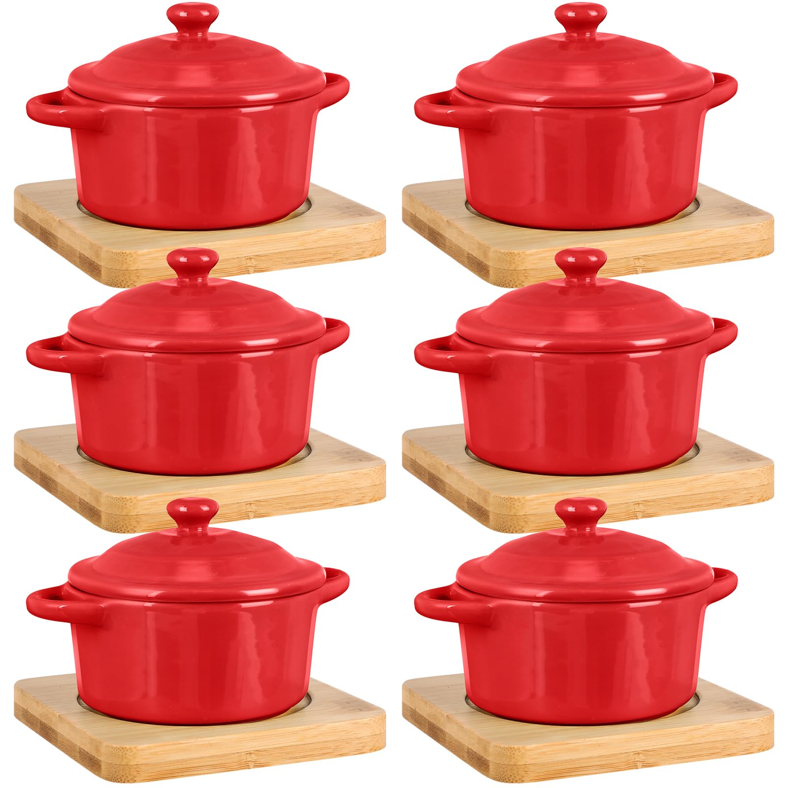 Photo 1 of Mimorou 6 Set 7 oz Ceramic Mini Cocotte Set with Lid and Wooden Base Pumpkin Bowl Set with Handle Ceramic Soup Bowls Baking Ramekins Round Casserole for Home Thanksgiving Pumpkin Dish (Red)