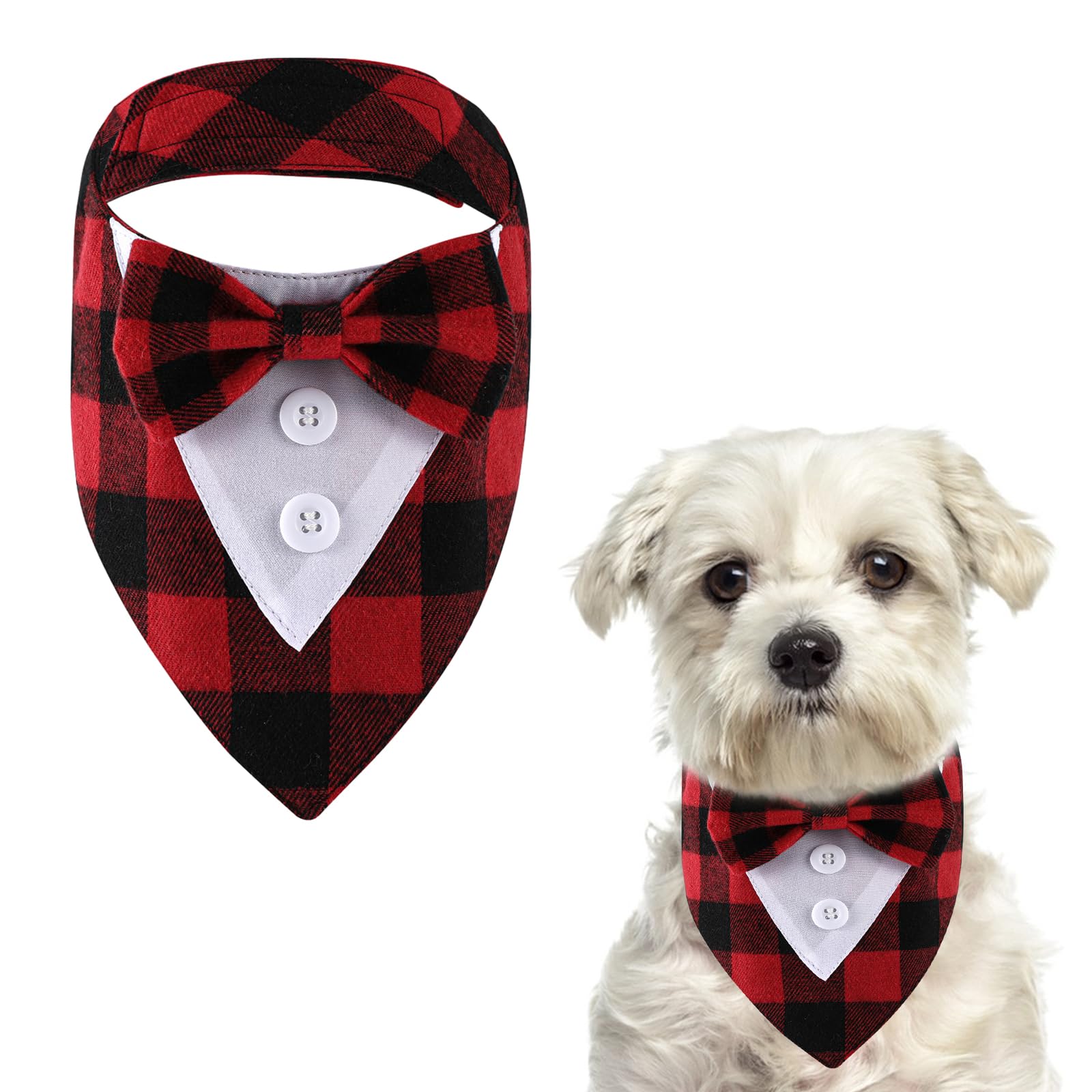 HACRAHO Formal Dog Tuxedo Bandana, 1 Pack Plaid Dog Wedding Collar with Bow Tie Adjustable Dog Formal Outfit for Small Dogs Cats Pets, XS