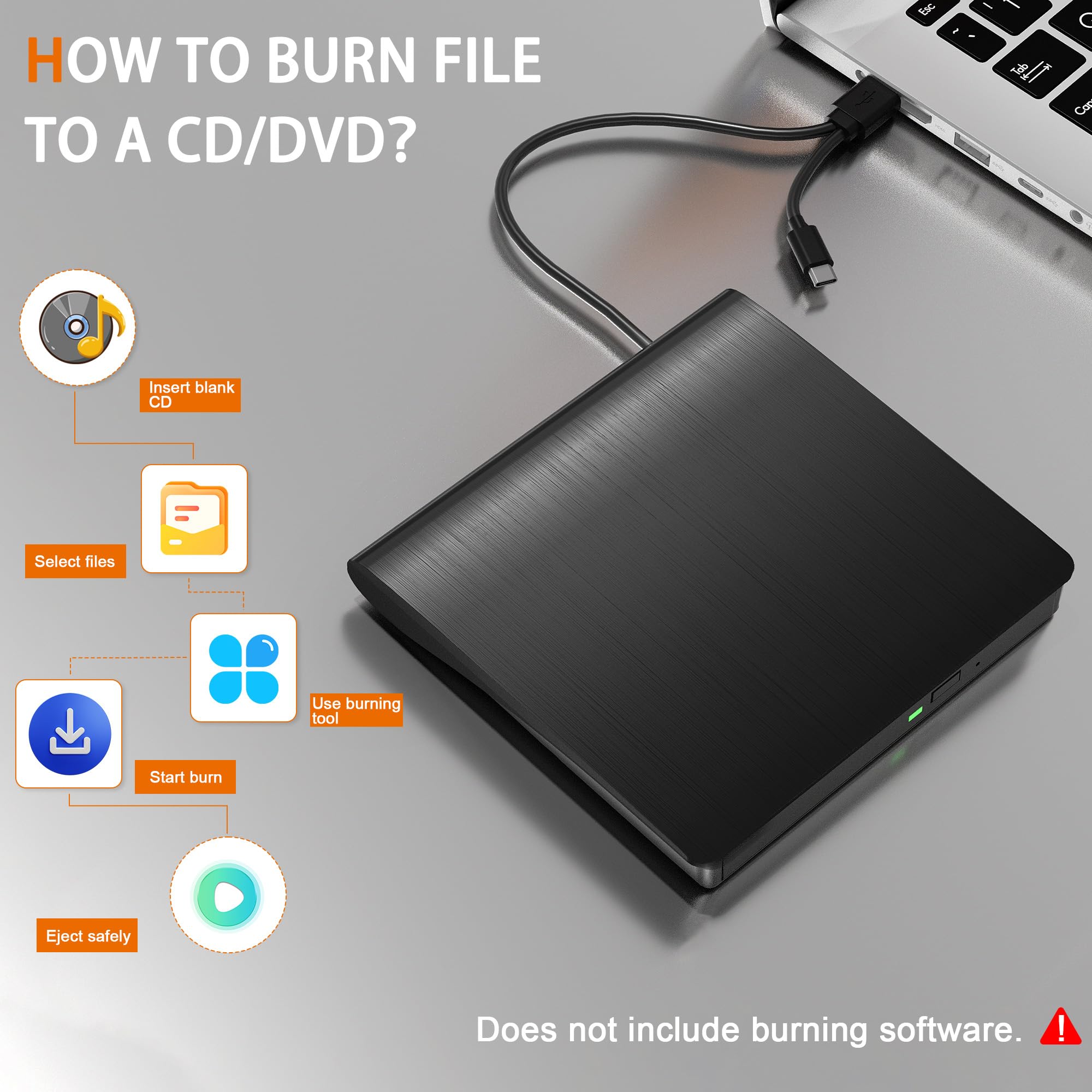 juwuoi External CD/DVD Drive for Laptop PC CD DVD Player USB 3.0 Portable Optical Drive CD Burner Compatible with Windows 10 11 Linux Mac OS (Black)
