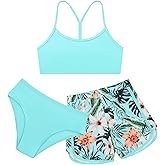Weixinbuy Girls 3 Piece Swimsuit Bathing Suits Solid Bikini Set with Printed Sports Shorts Swimwear for 9-16Y Teen Girls