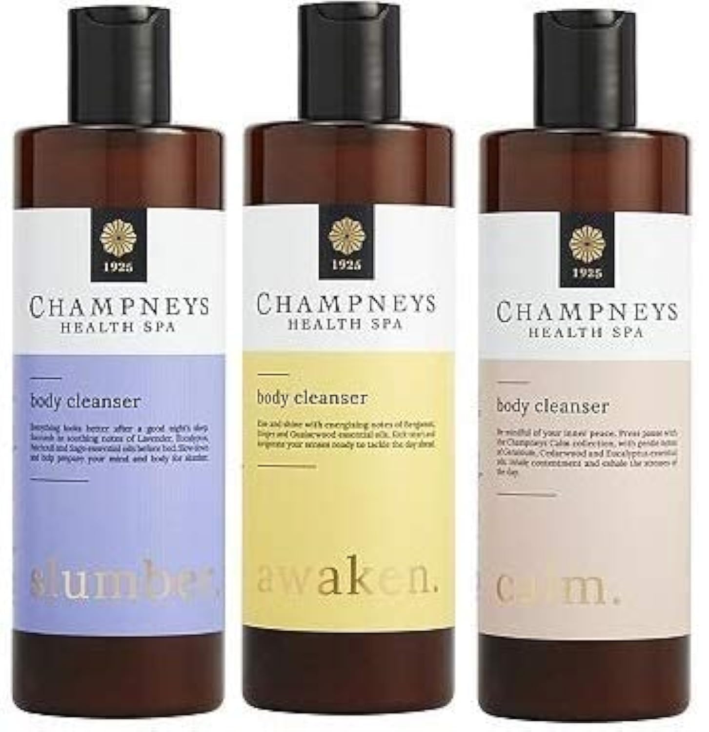 (Pack of 3) Champneys Awaken, Slumber & Calm Body Cleanser x 350ml Bergamont, Lavender, Patchouli, Cedarwood, Geranium essential oil notes