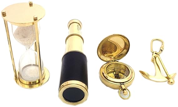Artshai Vintage Collection of Brass Telescope + 1 Minute Brass Hourglass + Magnetic Compass + Brass Anchor Keychain