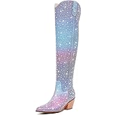 RONILURN Women Rhinestone Over the Knee Cowboy Boots, Sparkly Bling Cowgirl Boots Western Thigh High Boots Pull-On Side Zippers Chunky Heel Pointed Toe Size5-12 For Fashion&Daily