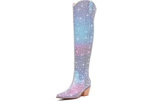RONILURN Women Rhinestone Over the Knee Cowboy Boots, Sparkly Bling Cowgirl Boots Western Thigh High Boots Pull-On Side Zippers Chunky Heel Pointed Toe Size5-12 For Fashion&Daily