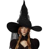VZQI Women's Witch Hat, 24-Inch Wide Brim with Tulle for Halloween | Oversized velvet-look witch hat with a curved wide brim, tall pointed crown and separate sparkling tulle for custom styling.
