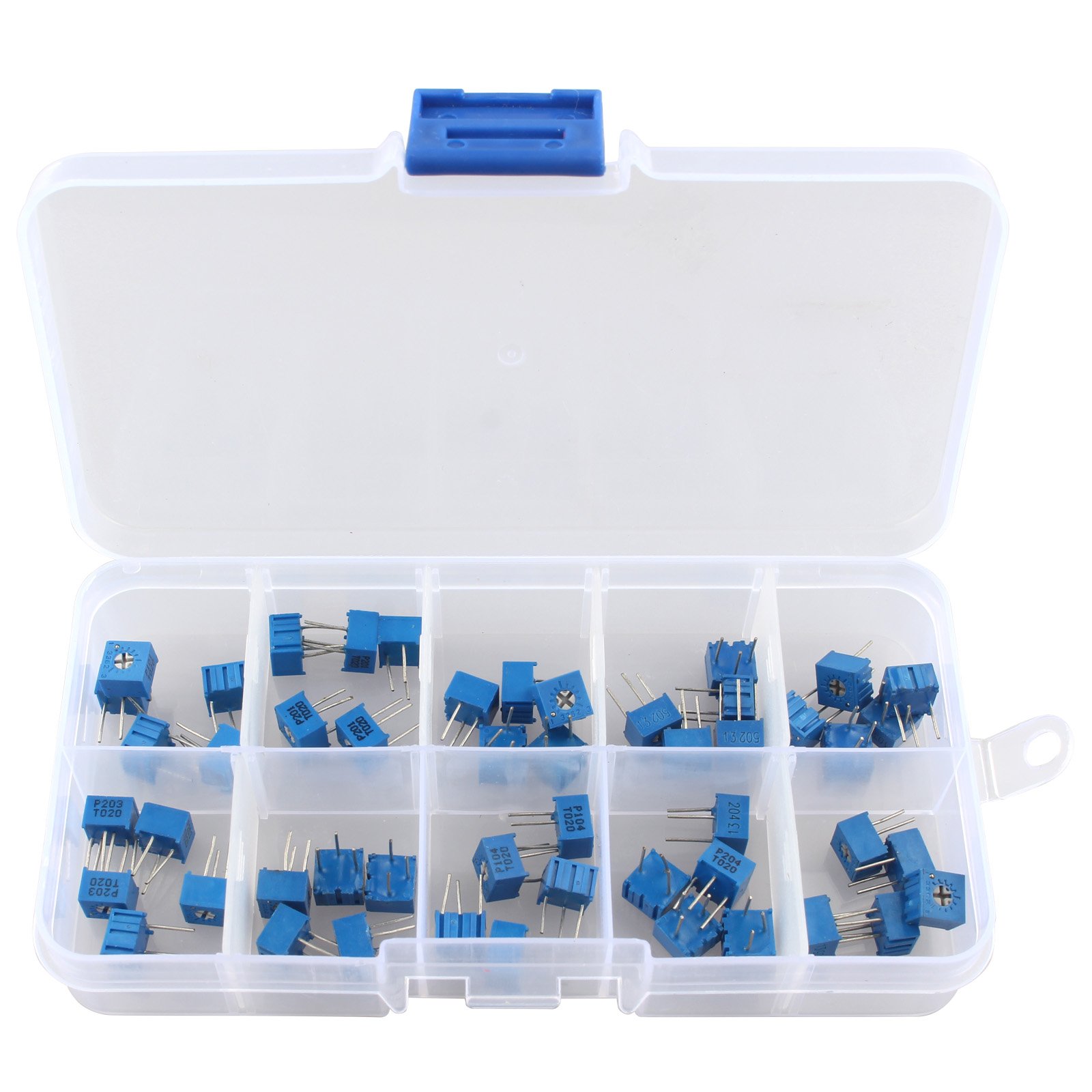HALJIA 50PCS 10Value 100 ohm to 1M ohm 3362 Trimmer Potentiometer Assorted Kit Variable Resistor with Plastci Box