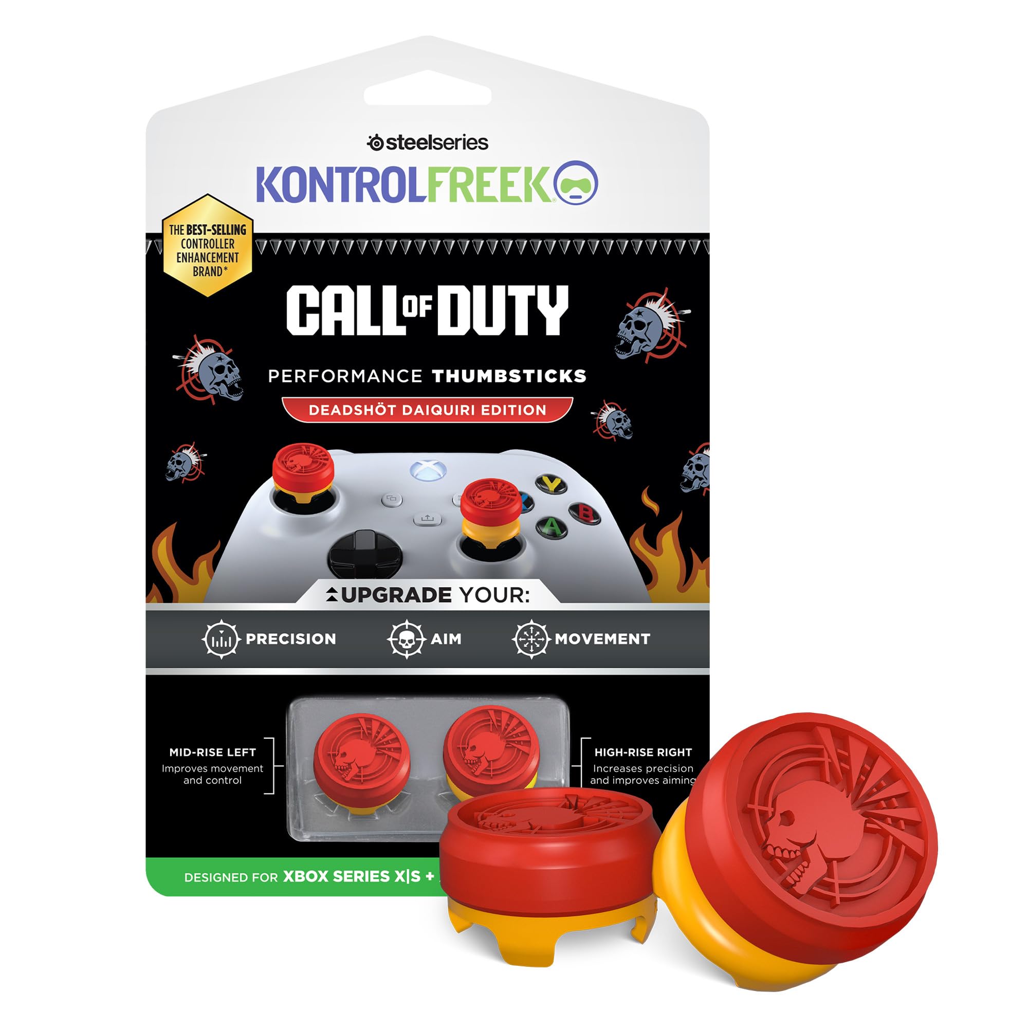 KontrolFreek Call of Duty Deadshot Edition Performance Thumbsticks for Xbox Series X (XBX) and Xbox One (XB1) | 1 High-Rise, 1 Mid-Rise | Red/Yellow