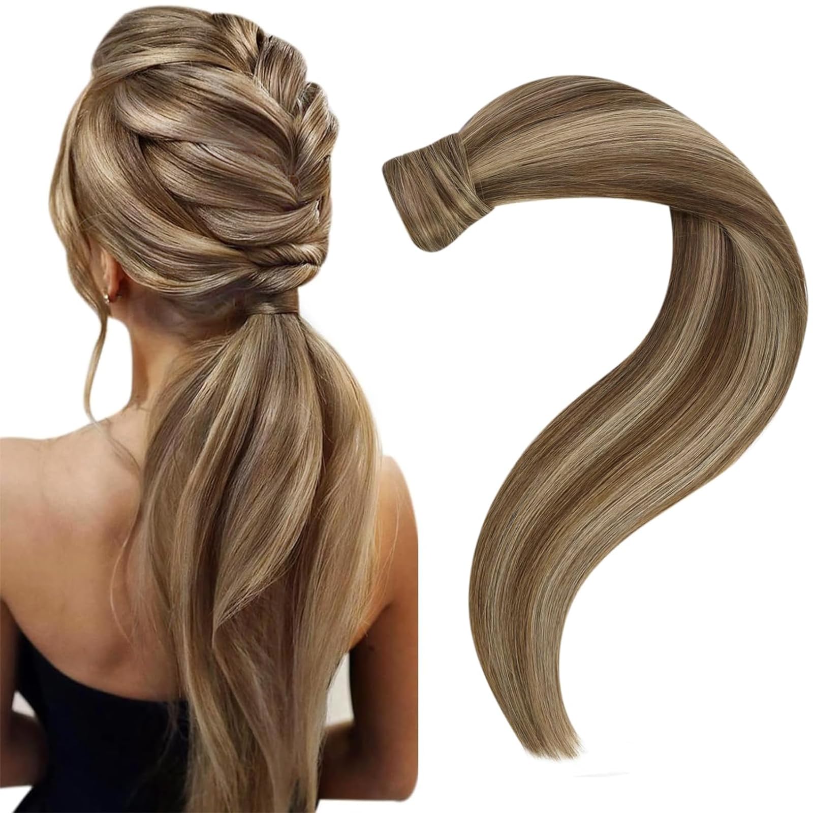 Easyouth Highlight Human Hair Ponytail Extension Mixed Brown Clip in Ponytail Hairs Extensions Real Human Hair Brown and Blonde Real Hairs Extension 18 Inch 80g — image 1