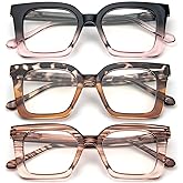 KoKoBin 3 Pack Stylish Square Frame Oprah Style Reading Glasses for Women, Blue Light Blocking Comfortable Readers