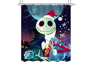 NIGHTMARE BEFORE CHRISTMAS Shower Curtain Fabric, Cool Cartoon Merry Christmas Jack Skellington and Sally Shower Curtains for Kids Christmas Bathroom Decor with 12 Hooks (Color-15)