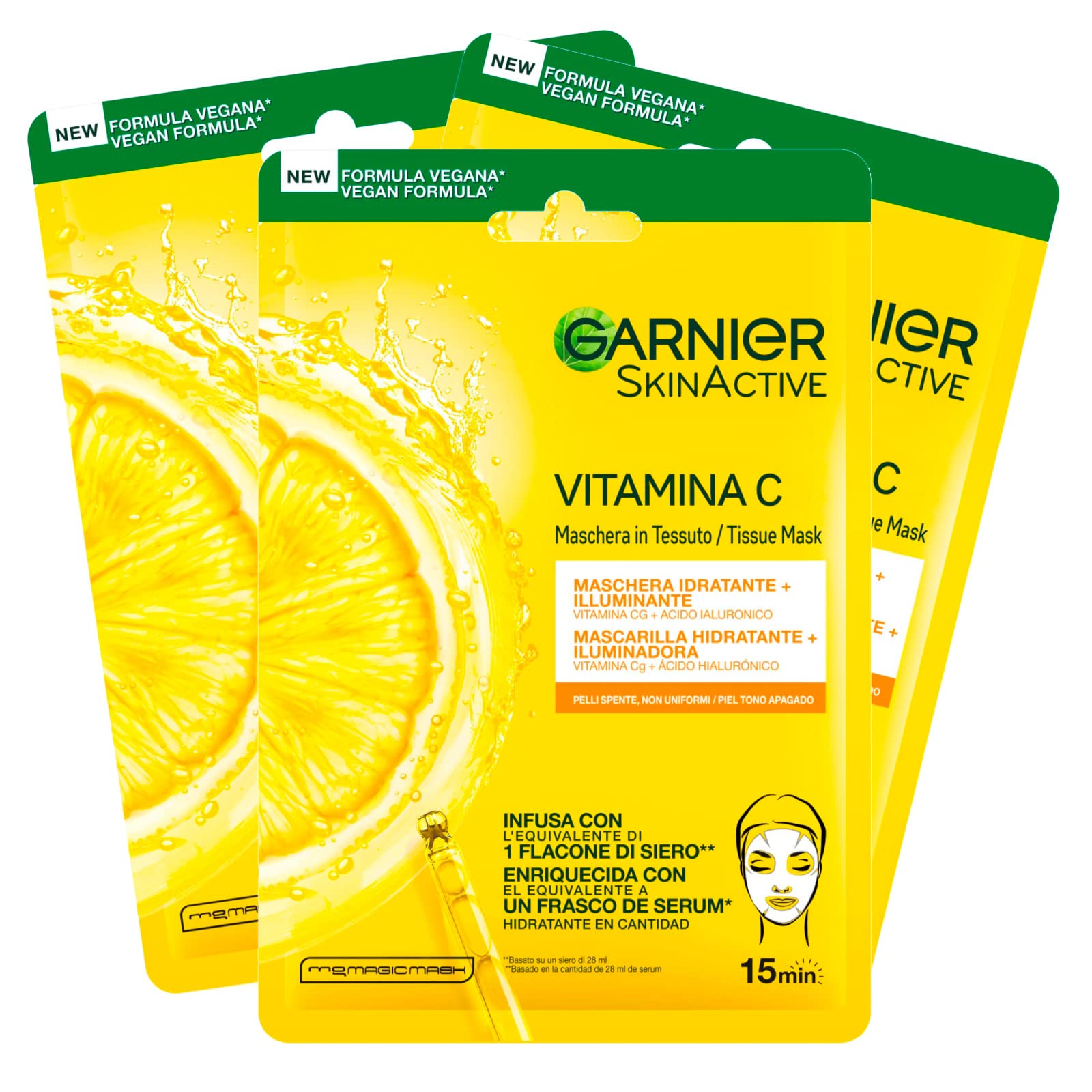 3x Garnier SkinActive Disposable Face Mask in Moisturizing and Illuminating Sheet with Vitamin C and Hyaluronic Acid - 3 Disposable Masks