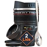 STRATA CUPS Camera Lens Coffee Mug -13.5oz, SUPER BUNDLE! (2 LIDS + SPOON) Stainless Steel Thermos, Sealed & Retractable…