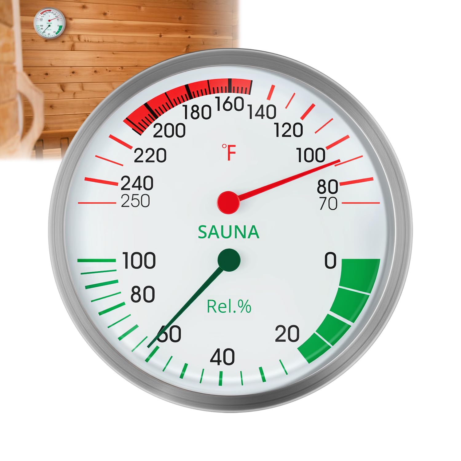 Photo 1 of Stainless Steel Sauna Hygrometer Thermometer with Color-Coded Dial 5" Large Display,70-250°F, 0-100%,Heat-Resistant,Easy to Read Humidity Temperature Gauge for Home Spa, Steam Rooms