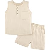 Weixinbuy Toddler Baby Boy Outfits Summer Clothes Set Cotton Linen Sleeveless Pocket T-Shirt Tops Shirt Short Outfit Set