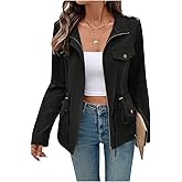 Milumia Women's Open Front Zip Up Jacket Stand Collar Drawstring Waist Long Sleeve Cargo Jackets