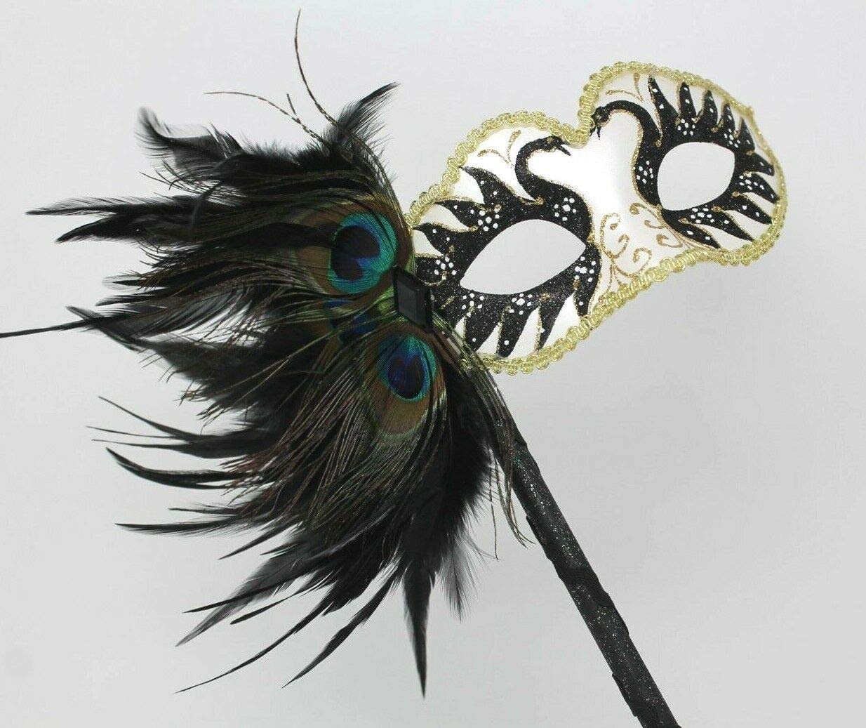 LADIES SPARKLING BLACK WHITE & GOLD VENETIAN MASQUERADE CARNIVAL PARTY EYE HAND HELD MASK ON A STICK WITH PEACOCK FEATHERS