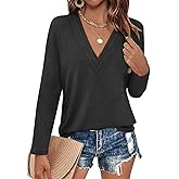 EasyGala Womens Deep V Neck Long Sleeve Shirts Pleated Dressy Casual Tops Sexy Loose Fit T Shirt