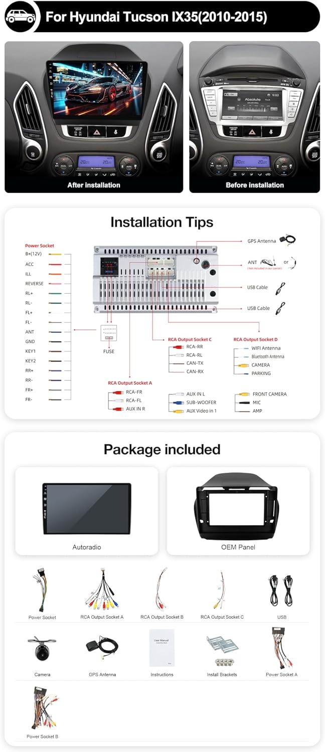 Comparison of car dashboard before and after car radio installation in a Hyundai IX35.