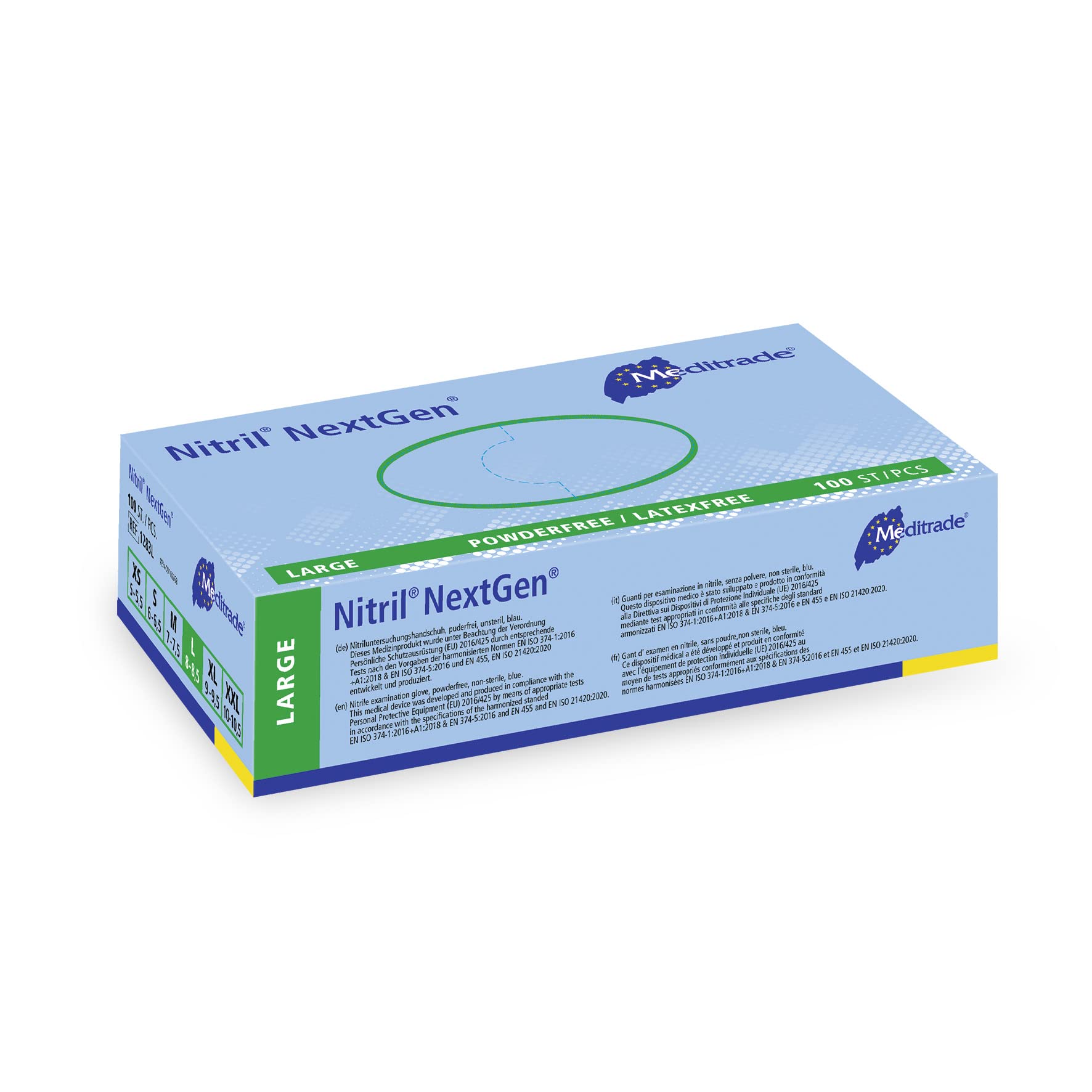 Meditrade 1283L | NextGen, Nitrile Examination Gloves, Large, N/S, P/F, Blue, x100