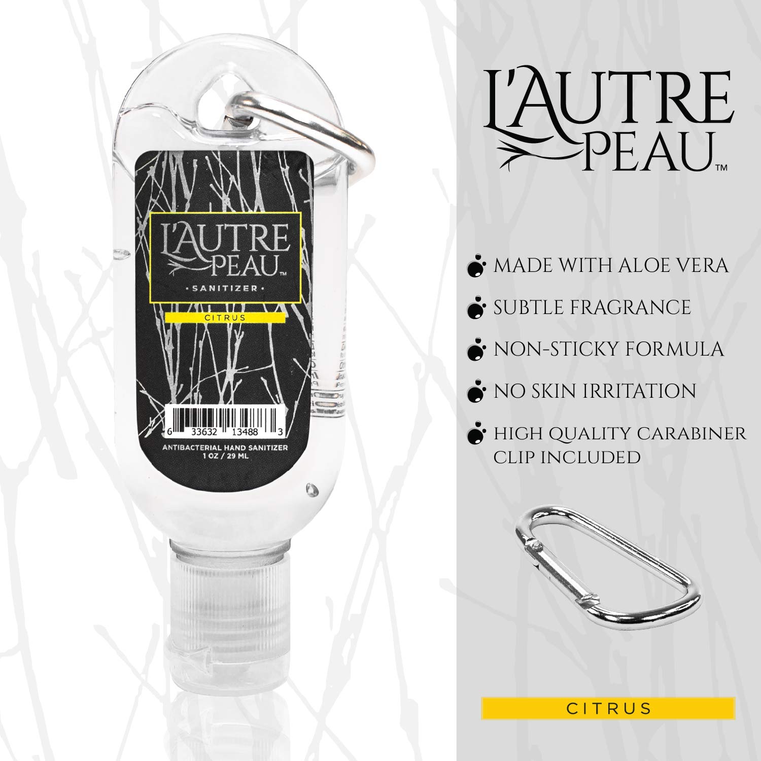 Antibacterial-Travel-Hand-Sanitizer-Gel-with-Aloe-Vera-by-LAUTRE-PEAU-Liquid-Instant-Hand-Cleaner-with-Carabiner-Clip-Citrus-Scented-Tottle-Pocket-Sanitizer