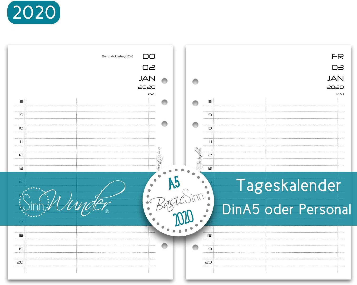 SinnWunder® 2020 Premium Calendar Inserts - Daily Planner with 1 Day per Page - BasicSinn - DIN A5 2020 - Din A5 BasicSinn