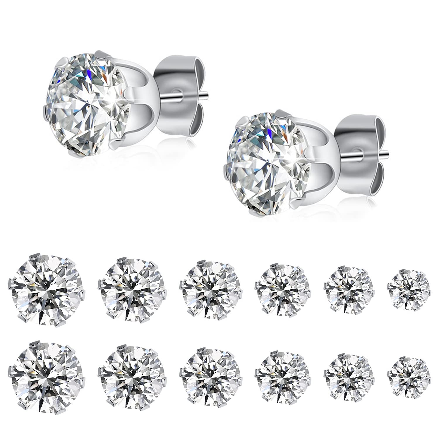 6 Pair Stainless Steel Cubic Zirconia Stud Earrings Set - Silver Diamond Style for Women and Men