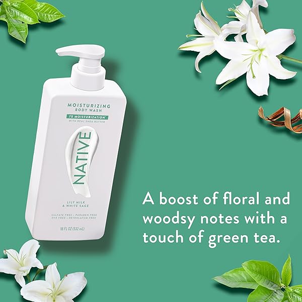 NATIVE MOISTURIZING BODY WASH CONTAINS NATURALLY DERIVED INGREDIENTS | FOR WOMEN & MEN, SULFATE, PARABEN, & DYE FREE LEAVING SKIN SOFT AND HYDRATED | LILY MILK & WHITE SAGE 18 OZ