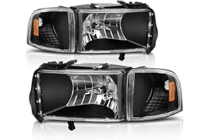 AUTOSAVER88 Headlight Assembly Compatible with 1994-2001 Dodge Ram 1500/1994 1995 1996 1997 1998 1999 2000 2001 2002 Dodge Ram Pickup 2500 3500 Black Housing Amber Reflector with Corner Lights