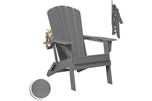 Plawdlik Folding Adirondack Chair, SGS Tested, Wooden Textured with Cup Holder, Heavy All-Weather HDPE Comfortable Set Poolside Backyard Lawn Grey