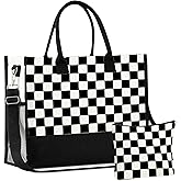InnoBeta Checkered Gifts, Checkered Tote Bag, Checkered Bag, Canvas Tote Bag with Top Zipper Closure and Shoulder Strap for Birthday, Mother's Day, Christmas