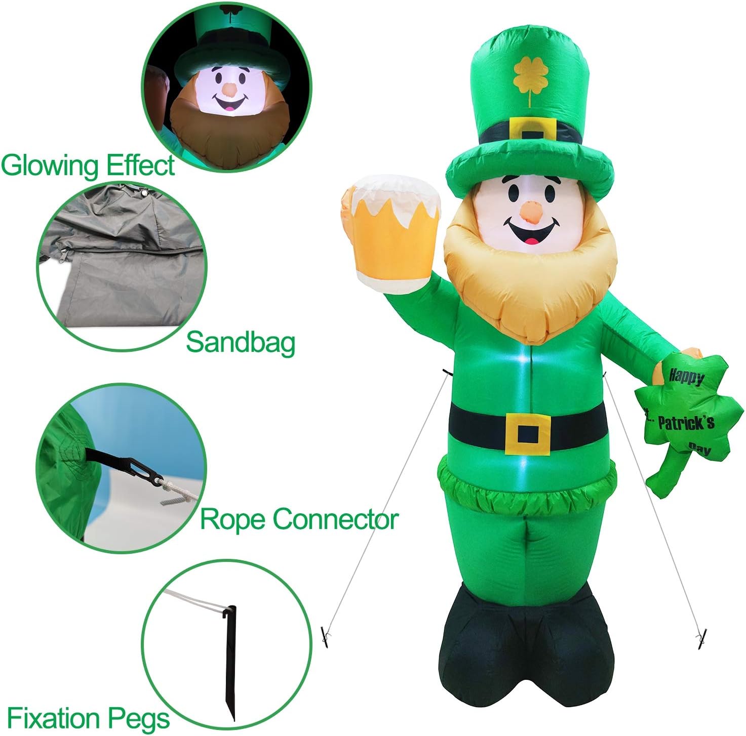 8 Foot St Patricks Day Inflatable St Patricks Day Decorations Outdoor Giant Inflatable Leprechaun with LED Light Holding Shamrocks Beer for Irish Day Yard Decoration Lucky Decor Fun Holiday Blow Up: Garden & Outdoor
