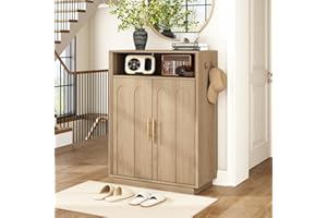 WINWY Shoe Cabinet with Arched Doors, 43" Tall Large Hidden Shoe Storage Cabinet with Adjustable Shelves, 5-Tier Mid Century 