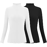 Herou 2 Pack Women Lettuce Trim Ribbed Knit Long Sleeve Top Mock Neck Basic Layer Tops Turtleneck Thermal Underwear Tops