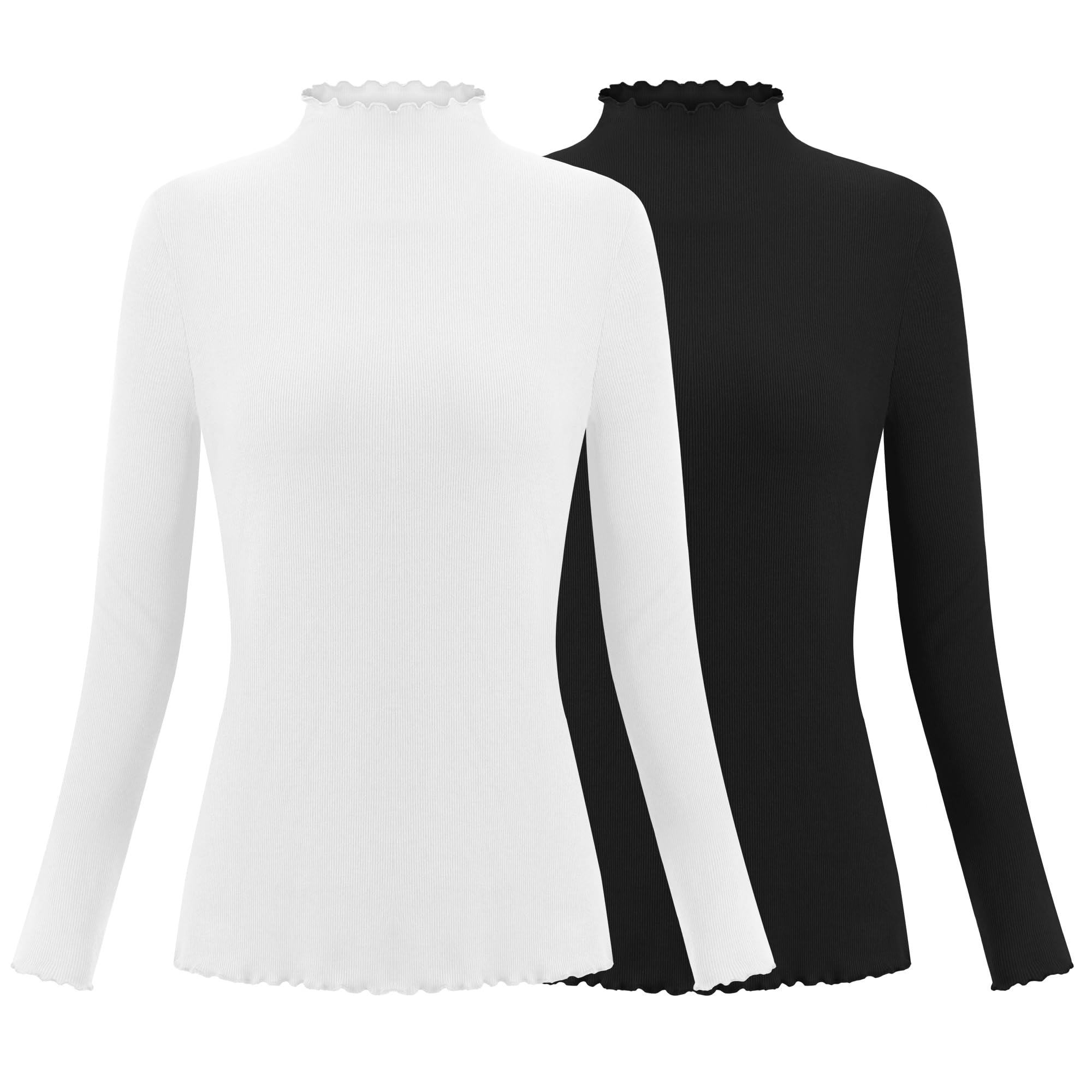 Photo 1 of 2 Pack Mock Neck Tops for Women Ribbed Lettuce Trim Long Sleeve Undershirt Turtleneck Basic Layer Tops Winter Stretch Basic T Shirt Black, White X-Large