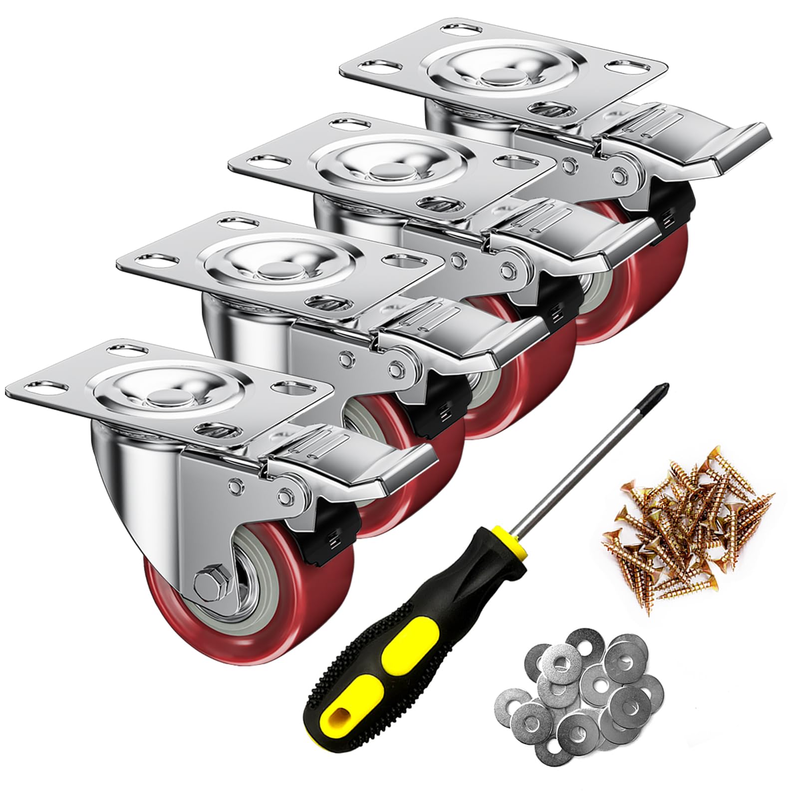 Photo 1 of 2 Inch Caster Wheels, Casters Set of 4, ASHGOOB Red Polyurethane (PU) Casters with Brake Heavy Duty, Industrial Locking Swivel Top Plate Castor Wheels for Workbench/Furniture/Cart